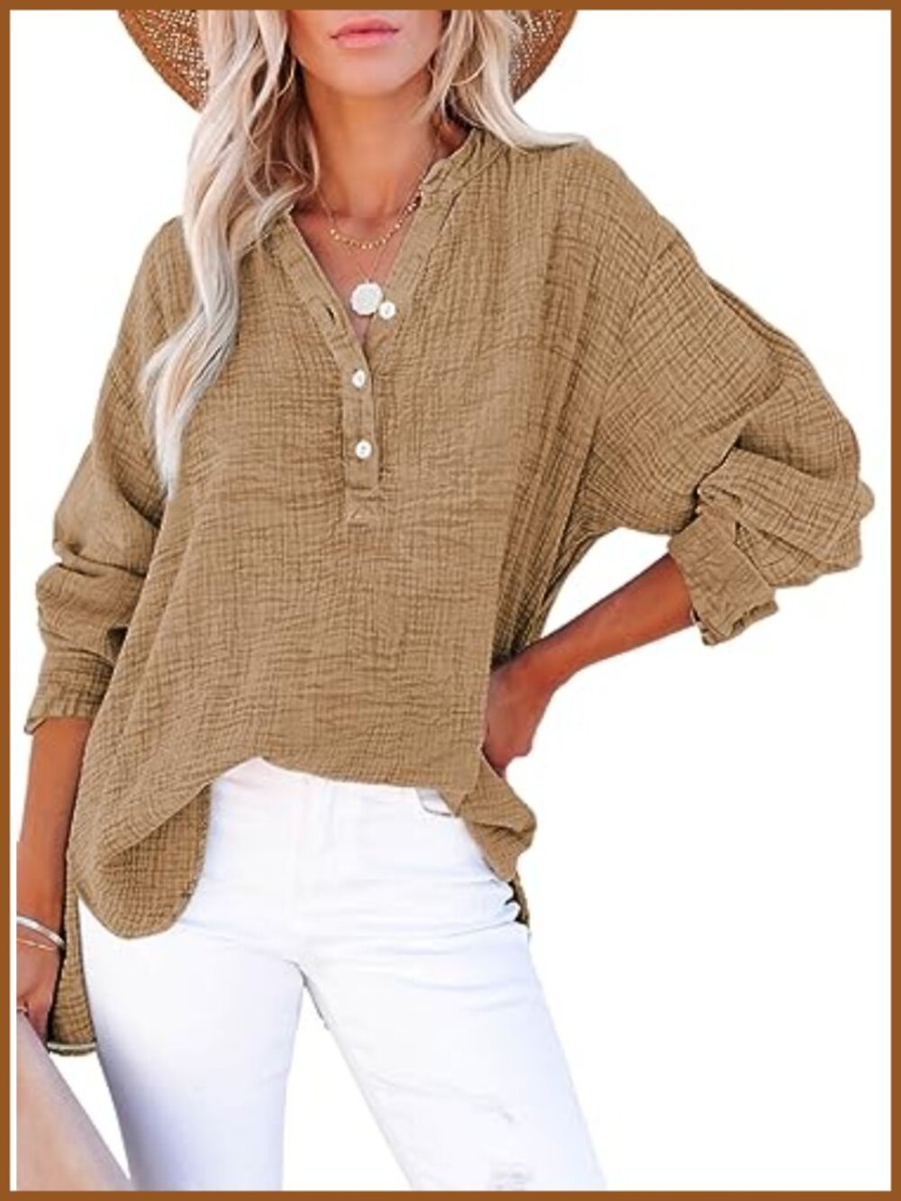 Women's V Neck Button Down Blouse Loose Fit Long Sleeve Top